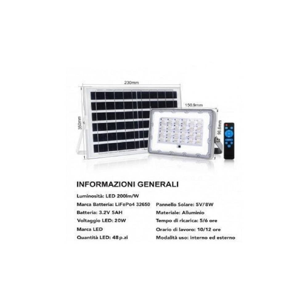 FARO LED SOLARE CREPUSCOLARE 20W PANNELLO ENERGIA SOLARE TELECOMANDO IP65 SL-20W - 2