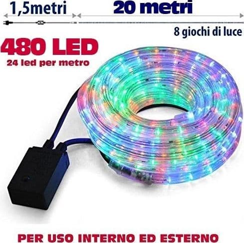 TUBO LUMINOSO NATALIZIO 20 METRI LED MULTICOLOR CONTROLLER 8 FUNZIONI X ESTERNO - 2