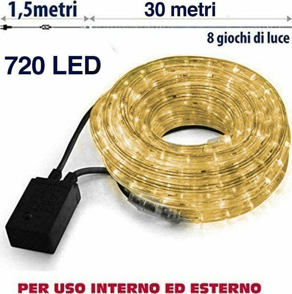 TUBO LUMINOSO 30 METRI LED BIANCO CALDO 720 LUCI PER INTERNO E PER ESTERNO - 2