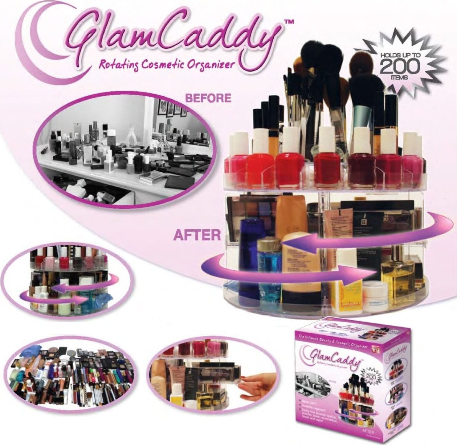 ORGANIZER ESPOSITORE COSMETICI MAKE UP TRUCCO GIREVOLE ROTANTE 360° GLAM CADDY - 2