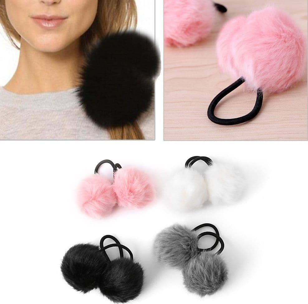 CODINO 2 PALLE PALLINE PON PON PELLICCIA PELUCHE A05 COLORATO ELASTICO RAGAZZA