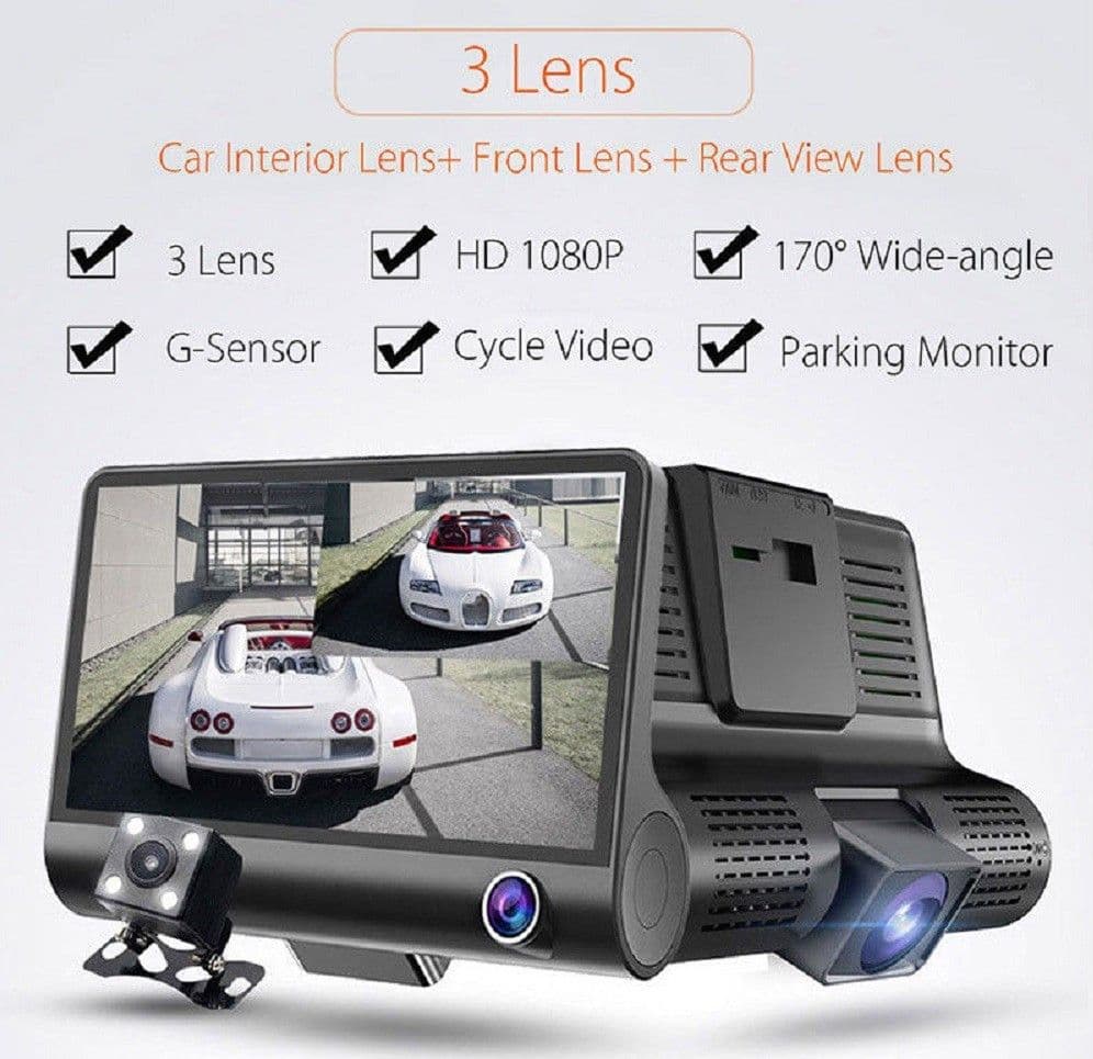 TELECAMERA DVR PER AUTO CAMPER FULL HD 1080P 3 TELECAMERE INTERNA ESTERNA LCD 4' - 3
