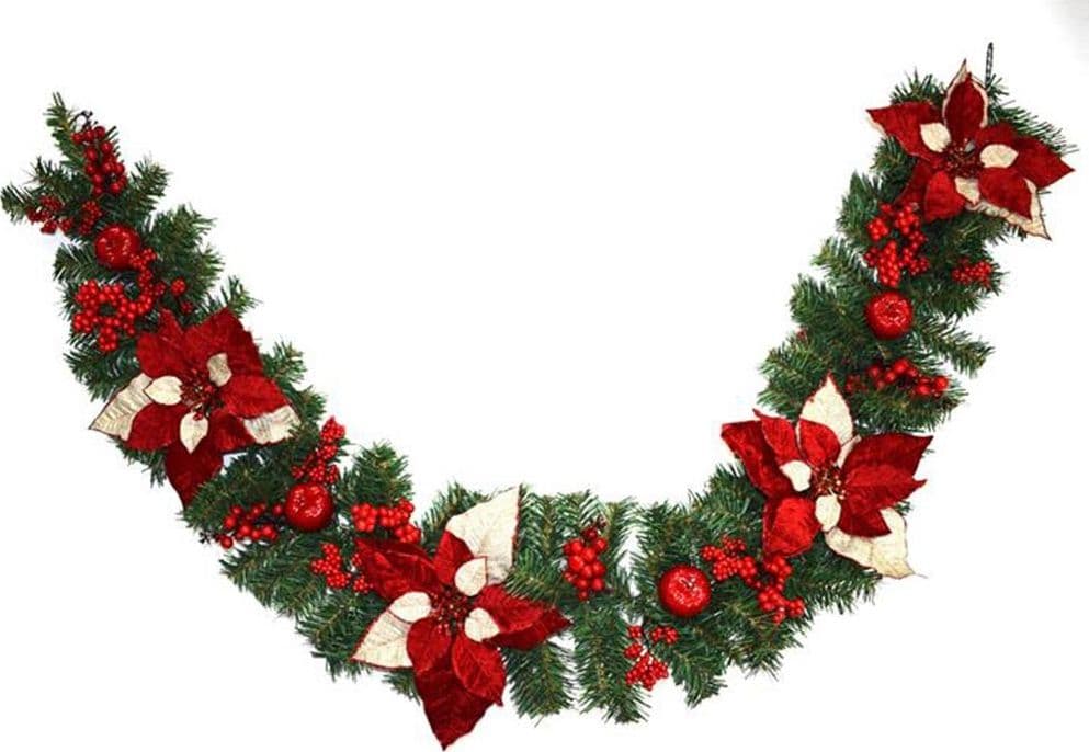 GHIRLANDA NATALIZIA STELLA DI NATALE FIORI E BACCHE DECORAZIONI NATALIZIE 180CM - 2