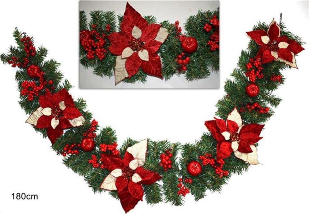 GHIRLANDA NATALIZIA STELLA DI NATALE FIORI E BACCHE DECORAZIONI NATALIZIE 180CM - 3