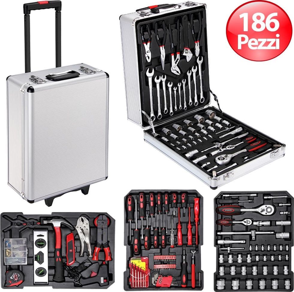 SET ATTREZZI 186PZ TROLLEY VALIGIA PORTATTREZZI CASSETTA PORTAUTENSILI LAVORO - 2