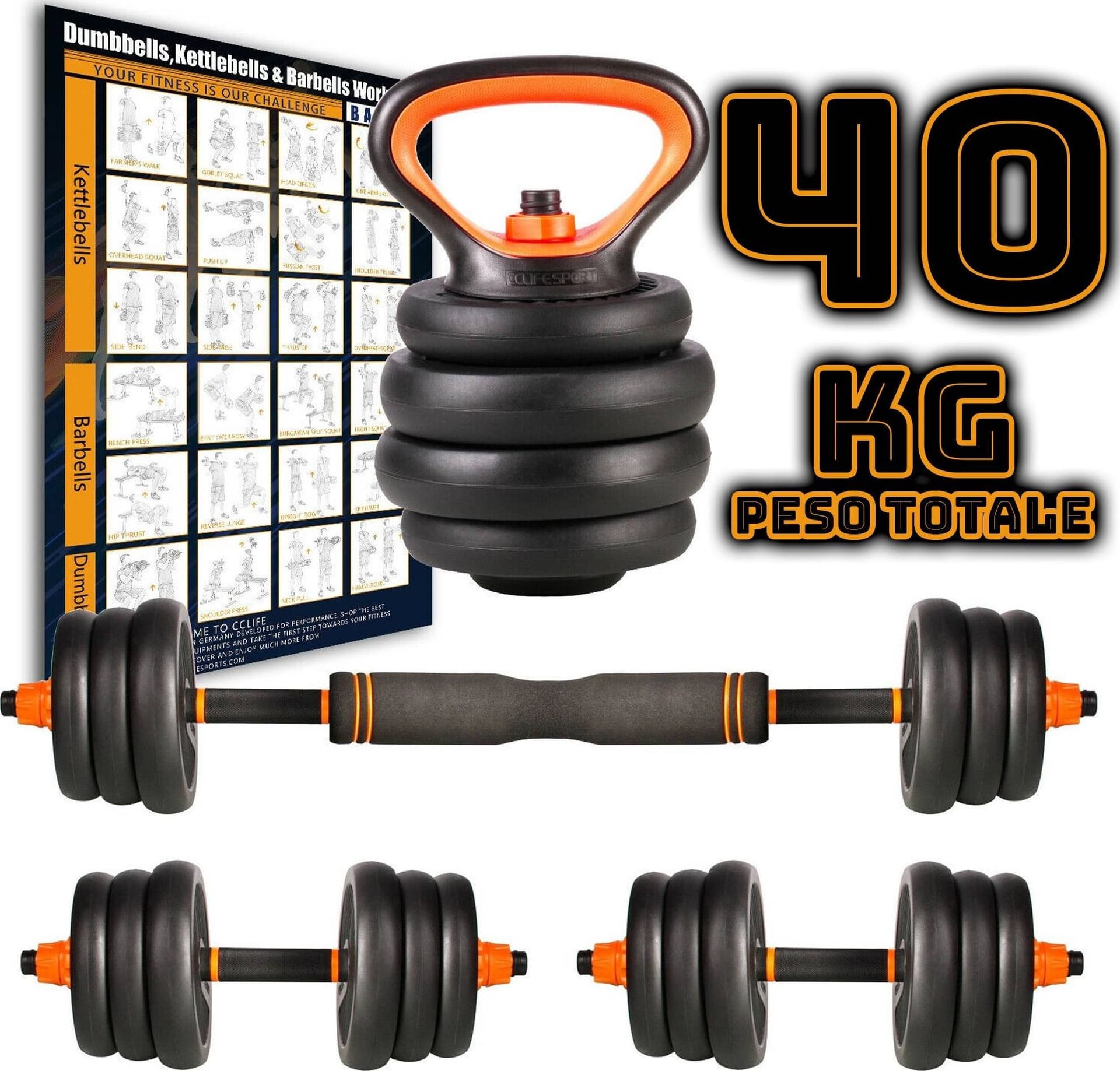 SET 6IN1 MULTIFUNZIONE PESO 40 KG MANUBRI CON BILANCIERE E KETTLEBELL COMPONIBILE - 2