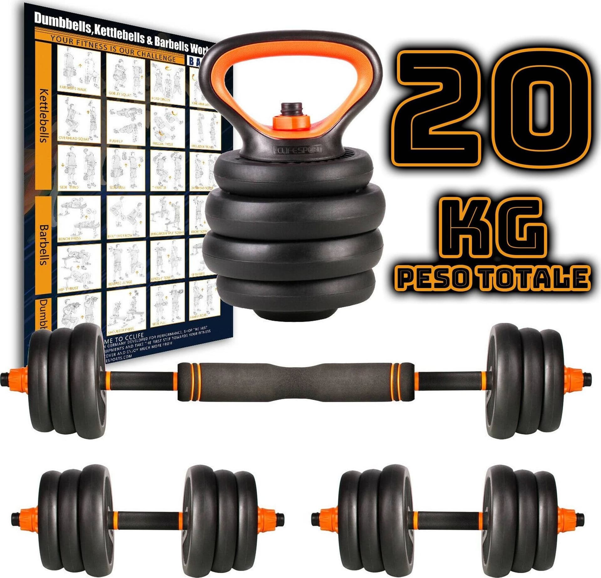 SET 6IN1 MULTIFUNZIONE PESO 20KG MANUBRI CON BILANCIERE E KETTLEBELL COMPONIBILE - 2