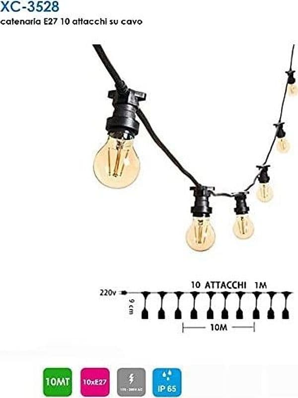 CATENA LUMINOSA LED CATENARIA CON 10 PORTALAMPADE E27 10MT PROLUNGABILE IP54 - 5