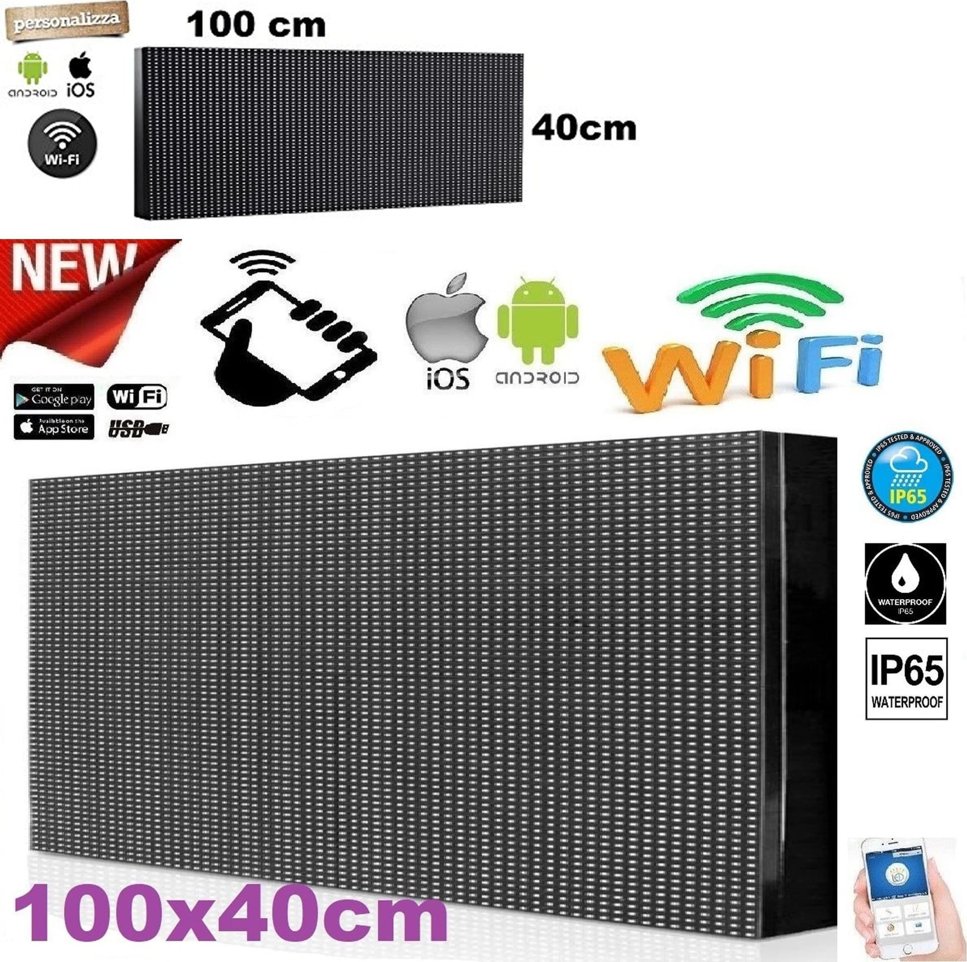 INSEGNA LUMINOSA A LED WIFI PER ESTERNO IP65 TESTO SCORREVOLE BIANCA 100X40CM - 2