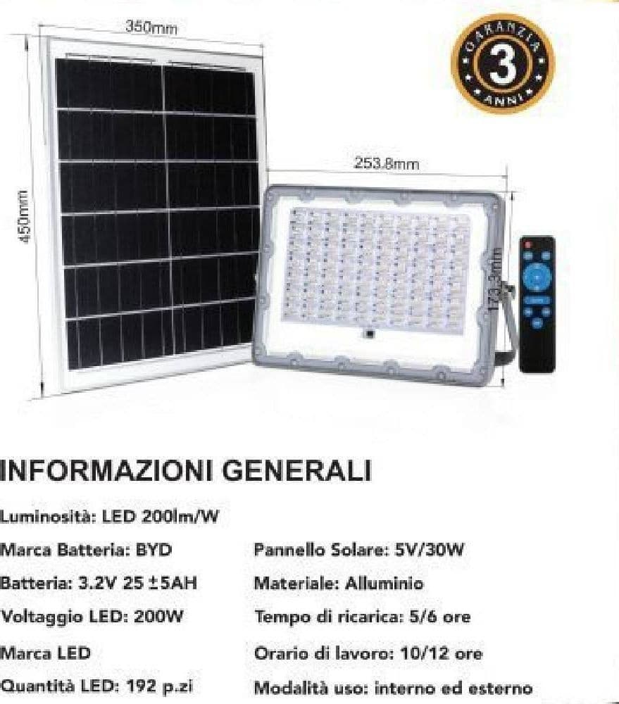 FARO LED 200 WATT CREPUSCOLARE PANNELLO ENERGIA SOLARE TELECOMANDO IP65 SL-200W - 2