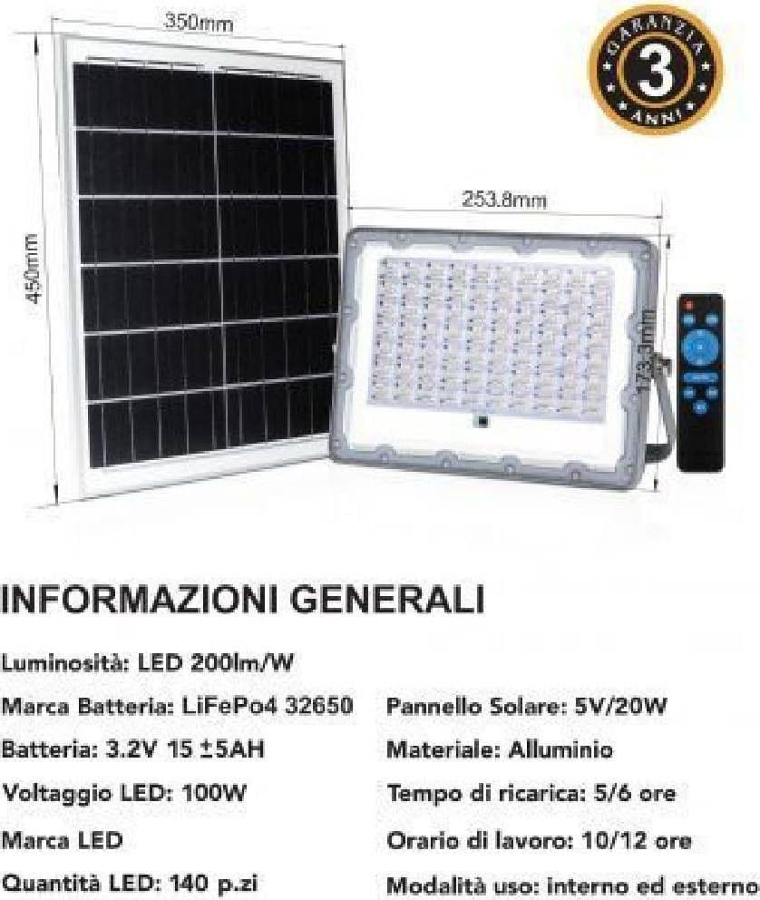 FARO LED 100 WATT CREPUSCOLARE PANNELLO ENERGIA SOLARE TELECOMANDO IP65 SL-100W - 2