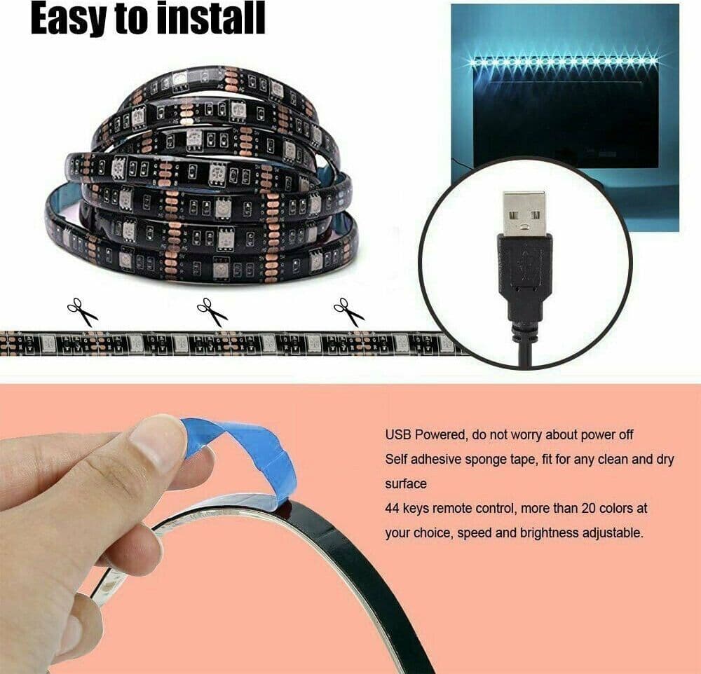 KIT TV STRISCIA STRIP LED USB RGB 5V PER RETROILLUMINAZIONE 2 MT 3 MT 5 MT - 2