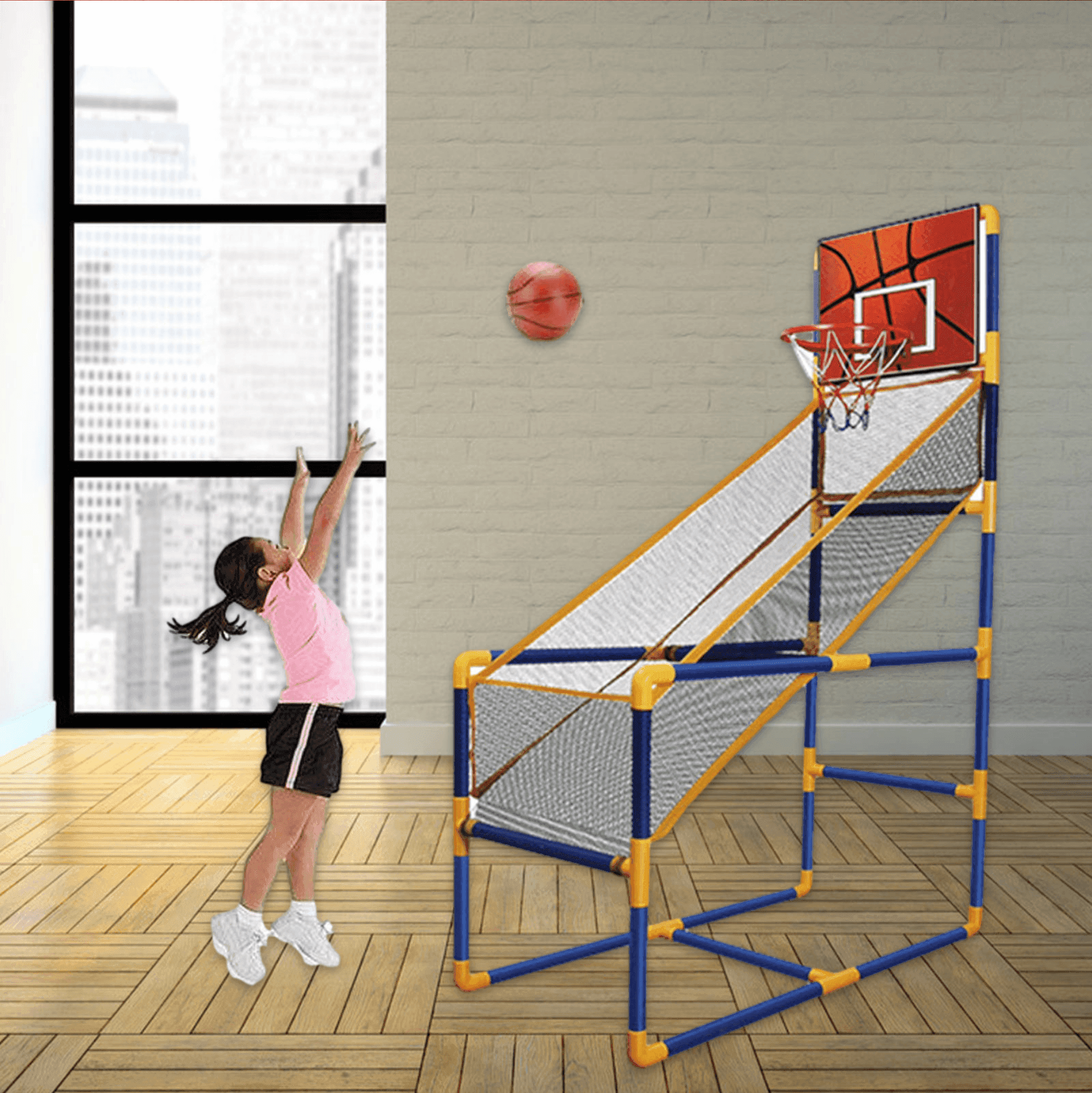 CANESTRO BASKET ARCADE PALLA CANESTRO SALA GIOCHI PALLONE GONFIATORE 140X89X46CM - 7