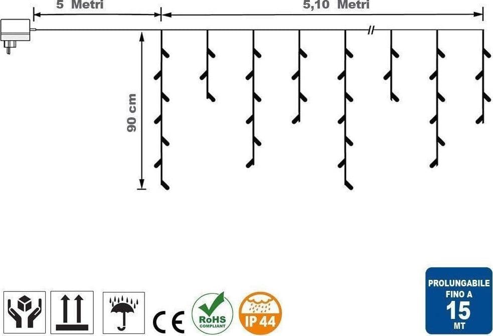 TENDA CASCATA LUMINOSA BIANCO CALDO 510X90CM ESTERNO PROLUNGABILE A 15MT 189LED - 4