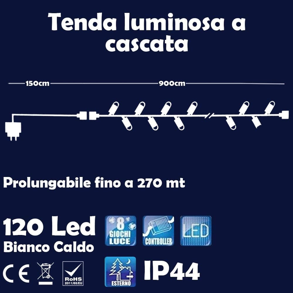 CATENA LUMINOSA NATALIZIA 120LED BIANCO CALDO CON FLASH 9MT ESTERNO PROLUNGABILE - 5