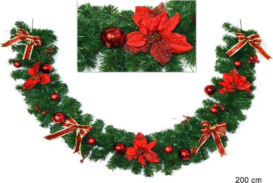GHIRLANDA NATALIZIA STELLA NATALE FIORI PALLINE FIOCCHI 200CM DECORAZIONI ROSSO - 2