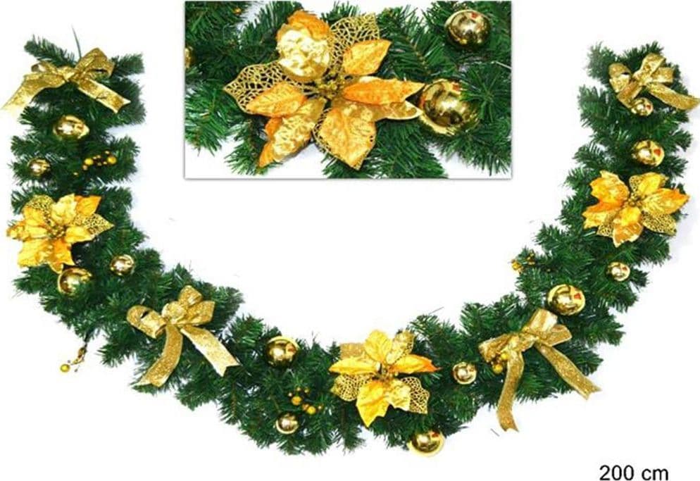 GHIRLANDA NATALIZIA STELLA NATALE FIORI PALLINE FIOCCHI 200CM DECORAZIONI ORO - 2