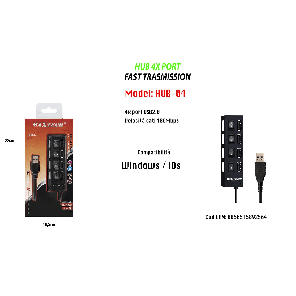 CARICATORE MULTIPRESA HUB 4 PORTE USB 2.0 SINGOLA WINDOWS MACOS MAXTECH HUB-04 - 3