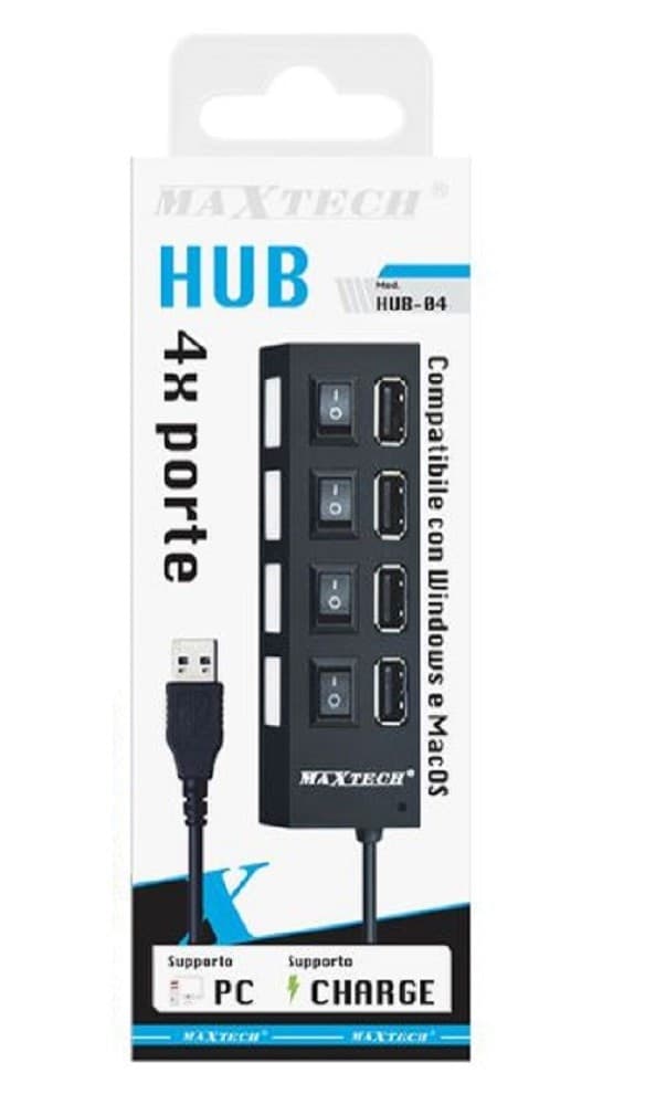CARICATORE MULTIPRESA HUB 4 PORTE USB 2.0 SINGOLA WINDOWS MACOS MAXTECH HUB-04 - 4
