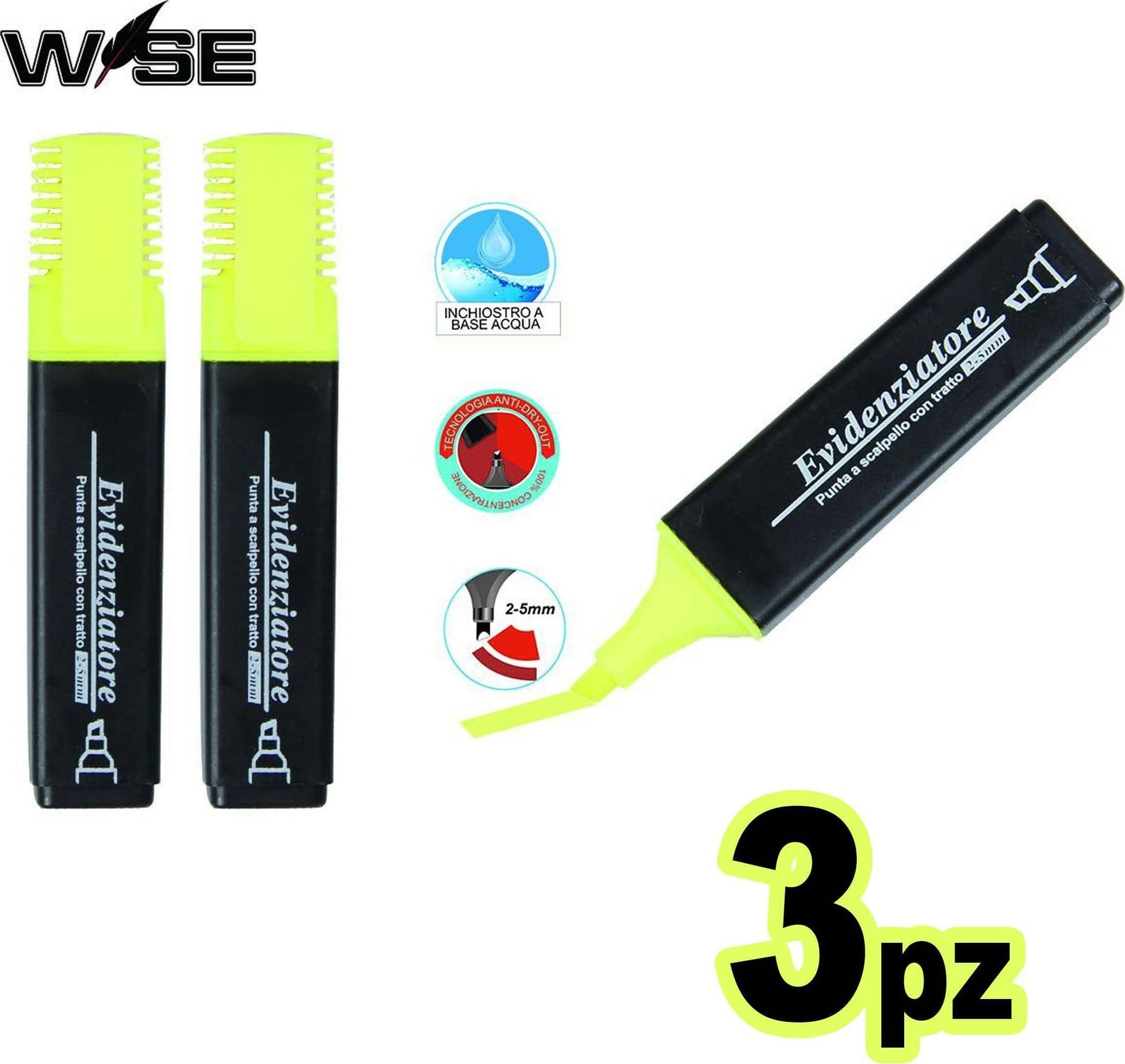 SET 3 PEZZI EVIDENZIATORE GIALLO PENNA PENNE FLUO EVIDENZIATORI SCUOLA UFFICIO - 2