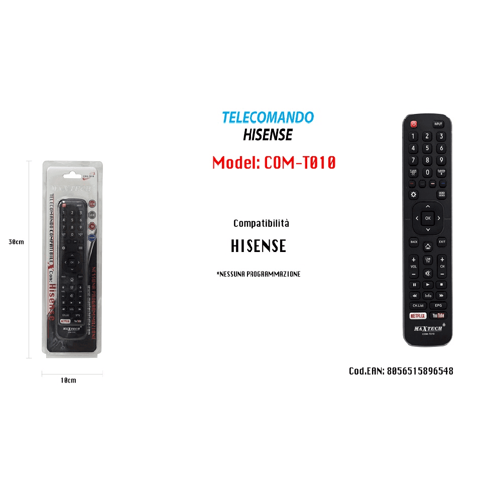 TELECOMANDO HISENSE RICAMBI SENZA PROGRAMMAZIONE LCD LED SERIETV YOUTUBE COMT010 - 2