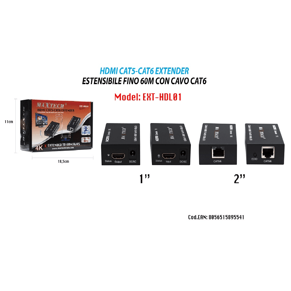 ESTENSORE HDMI AMPLIFICATORE SEGNALE VIDEO 1080P RJ45 CAT5E CAT6 60MT MAXTECH EXT-HDL01 - 2