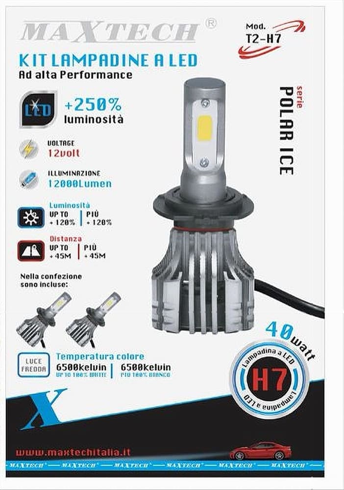 COPPIA LAMPADINE LED H7 AUTO LUCE BIANCA 6500K 12000LM ATTACCO 40W MAXTECH T2-H7 - 2