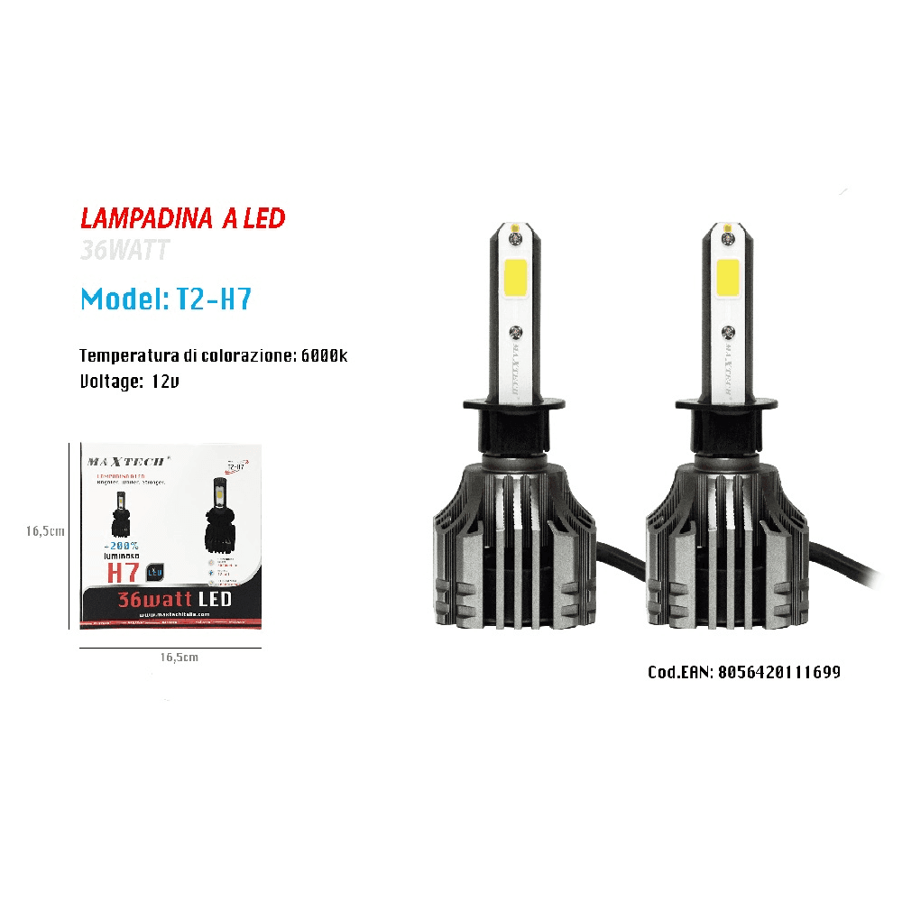 COPPIA LAMPADINE LED H7 AUTO LUCE BIANCA 6500K 12000LM ATTACCO 40W MAXTECH T2-H7 - 3