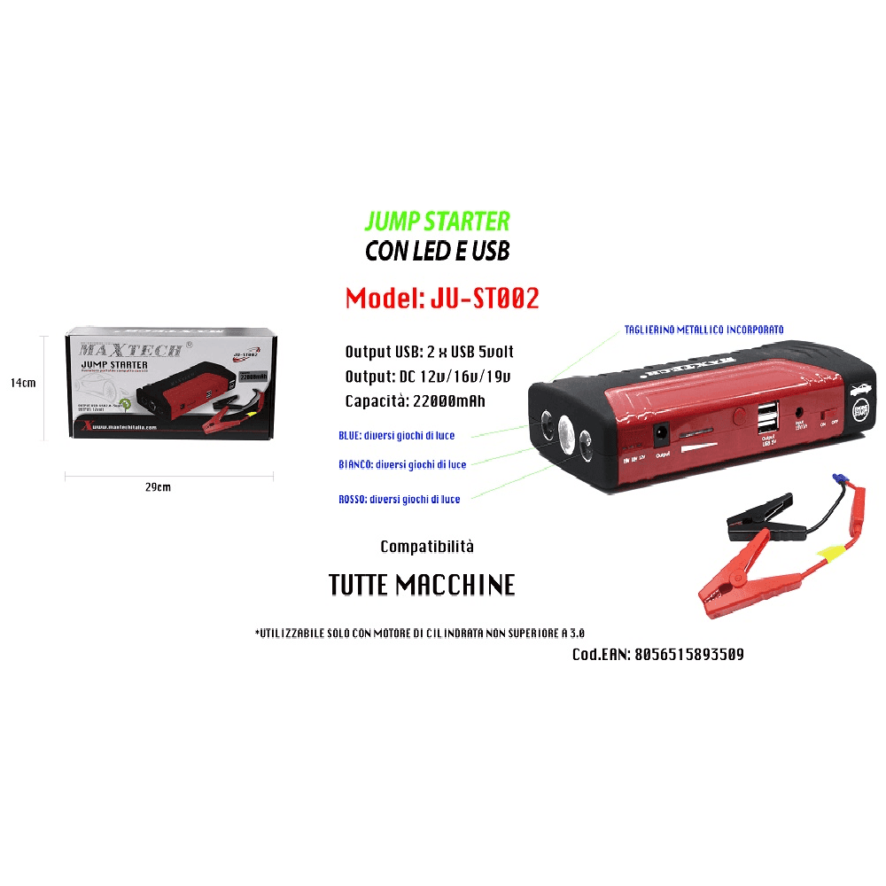 JUMP STARTER PORTATILE 2200A AVVIATORE BATTERIA AUTO MOTO 12V CARICABATTERIA USB - 2