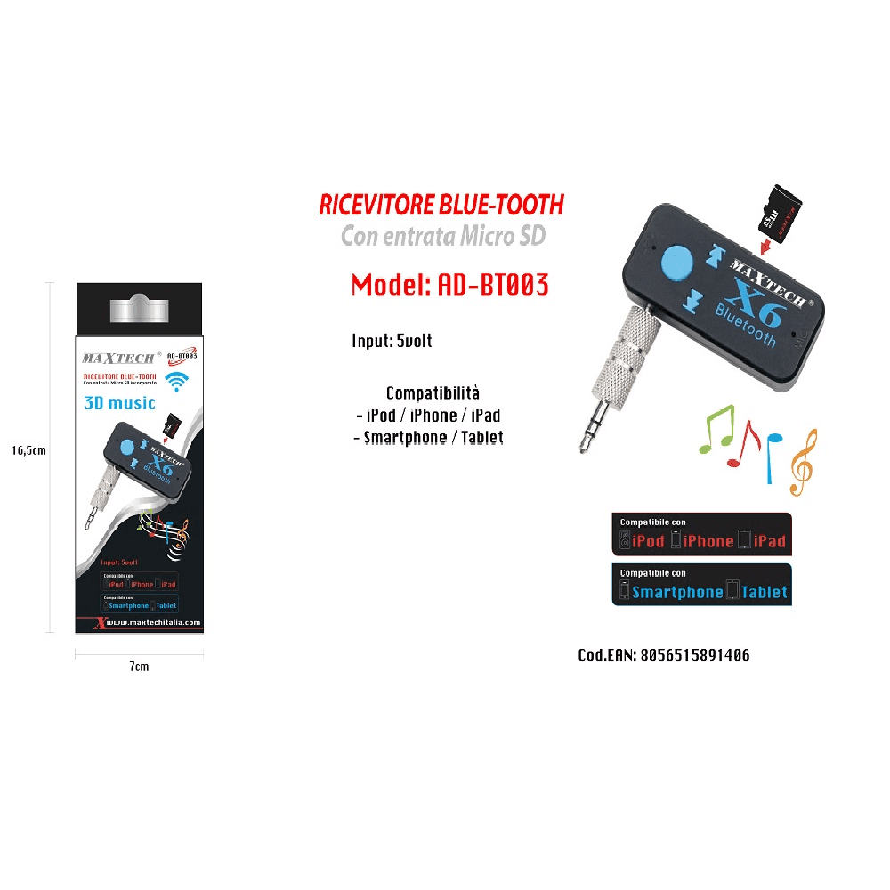 RICEVITORE BLUETOOTH ADATTATORE AUDIO PORTATILE MICROFONO INCORPORATO MAXTECH AD-BT003 - 2