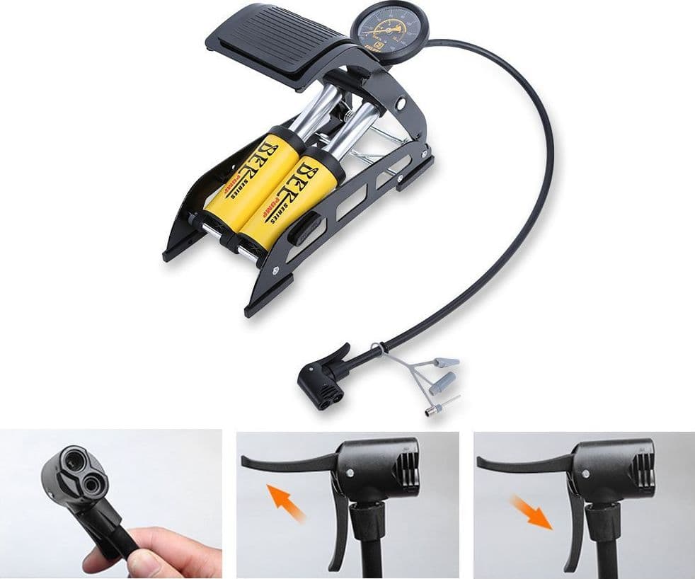 GONFIATORE POMPA A PEDALE MANOMETRO A 2 CILINDRI BICI AUTO MOTO 10 BAR 160 PSI - 5