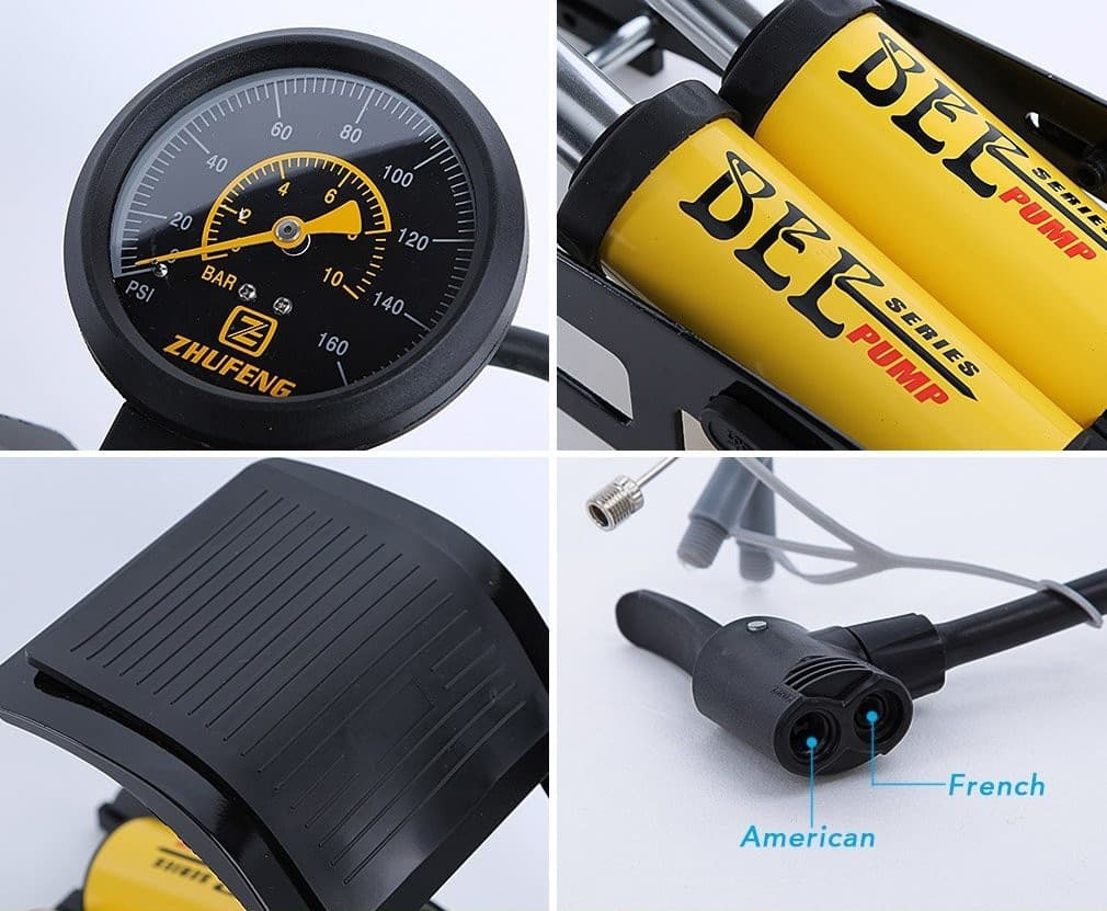 GONFIATORE POMPA A PEDALE MANOMETRO A 2 CILINDRI BICI AUTO MOTO 10 BAR 160 PSI - 6
