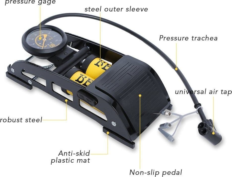 GONFIATORE POMPA A PEDALE MANOMETRO A 2 CILINDRI BICI AUTO MOTO 10 BAR 160 PSI - 7