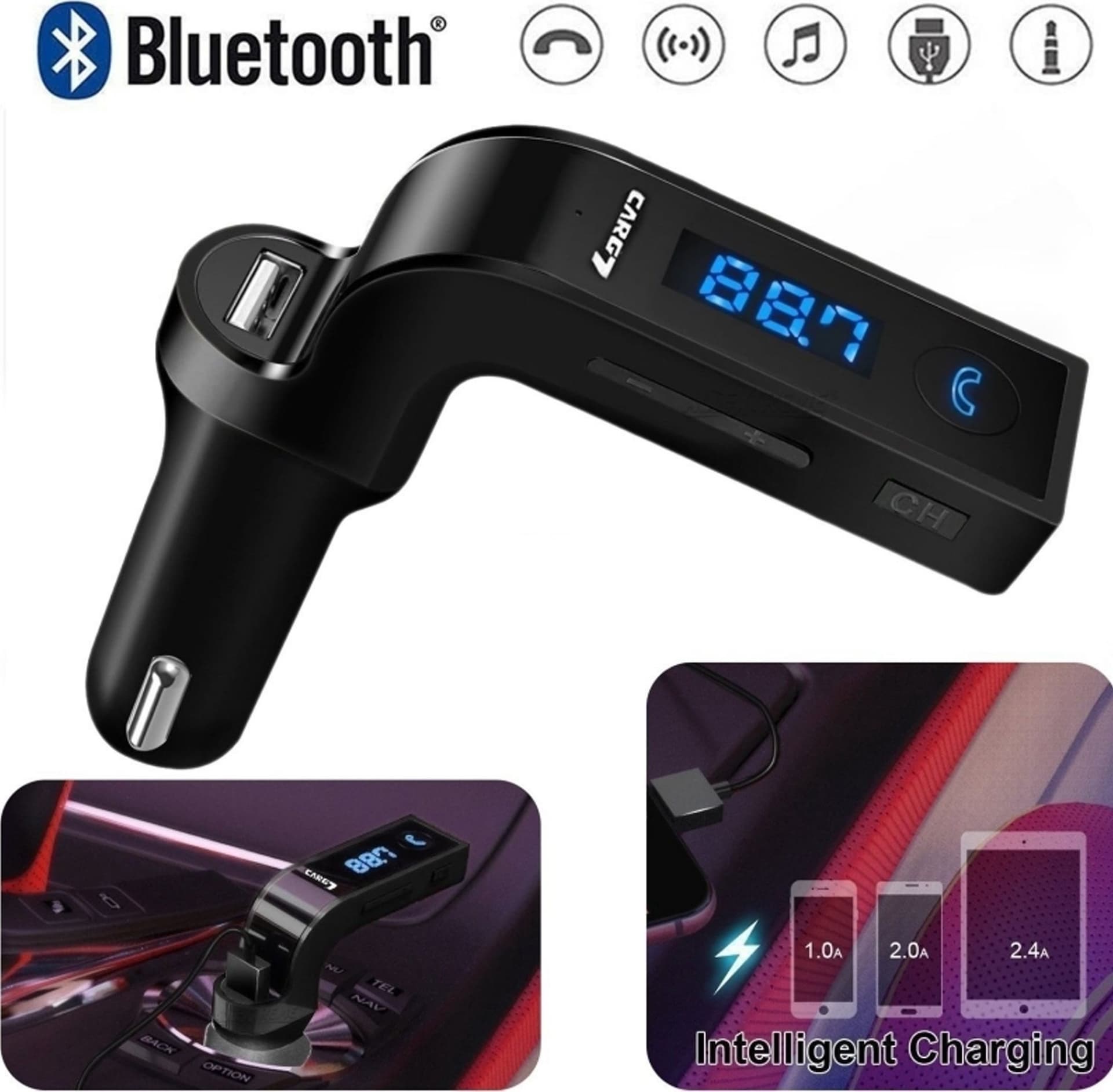 CARICABATTERIE CARG7 AUTO TRASMETTITORE BLUETOOTH USB TF CARD ANDROID IOS TABLET - 2
