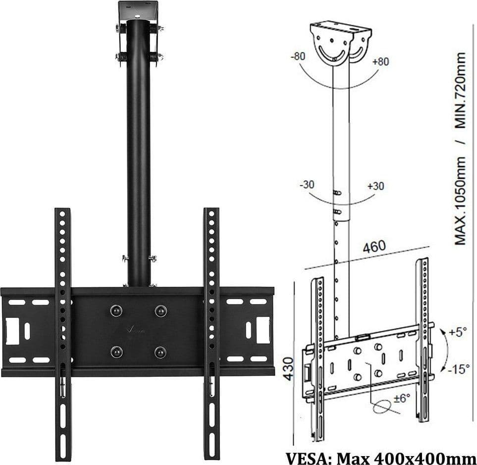 STAFFA PORTA TV MONITOR DA 37" A 55" SUPPORTO PARETE SOFFITTO 360° FINO 50KG - 5