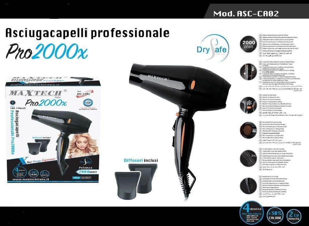 ASCIUGACAPELLI PROFESSIONALE PHON 2000W FONO 3 TEMPERATURE 2 VELOCITÀ PIEGA ASC-CA02 - 2