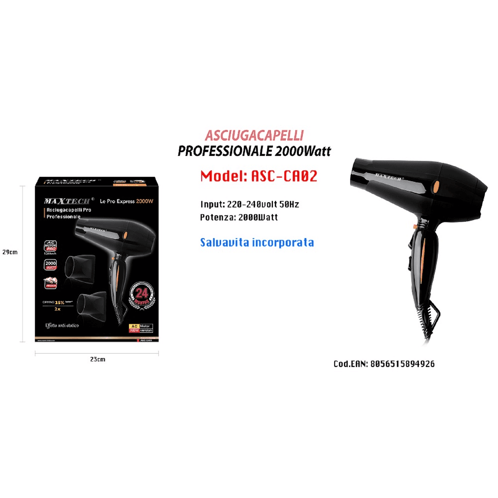 ASCIUGACAPELLI PROFESSIONALE PHON 2000W FONO 3 TEMPERATURE 2 VELOCITÀ PIEGA ASC-CA02 - 3