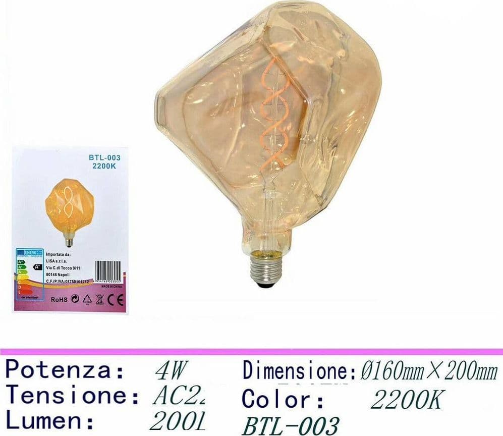 LAMPADINA LED FILAMENTO VINTAGE RETRO' LAMPADA E27 4W LUCE CALDA 2200K BTL-003 - 2