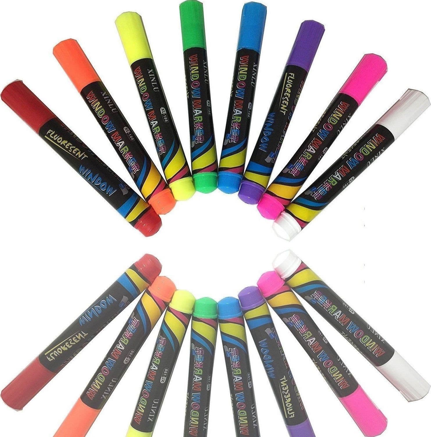 12 PENNARELLI GESSO LIQUIDO COLORI BRILLANTI FLUO PER LAVAGNE FINESTRE VETRI