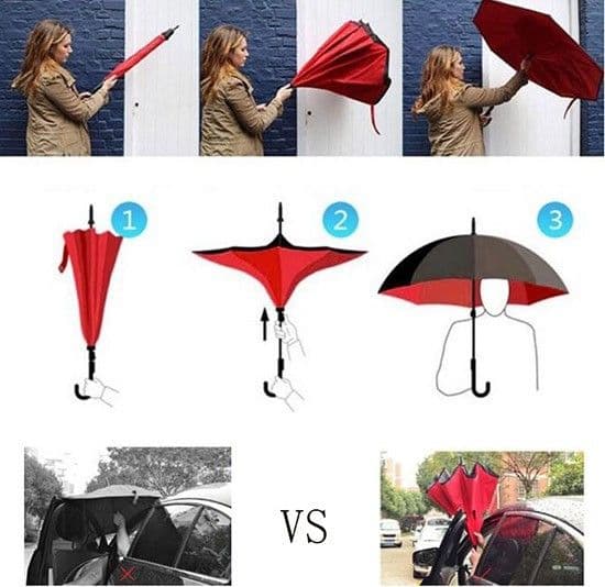 OMBRELLO REVERSIBILE APERTURA INVERSA AUTO CASA ROVESCIATO ANTI PIOGGIA MODA - 2