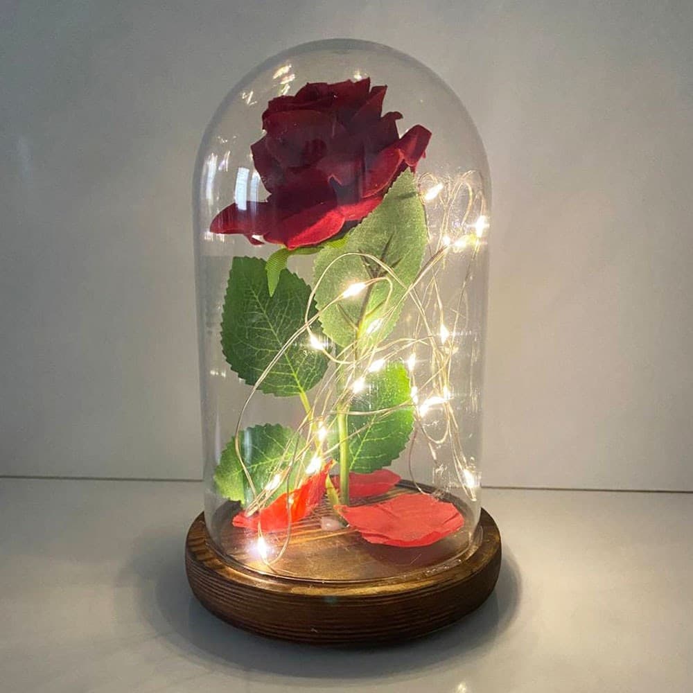 ROSA ETERNA INCANTATA LA BELLA E LA BESTIA IN CUPOLA CON BASE LEGNO E LUCI A LED - 2