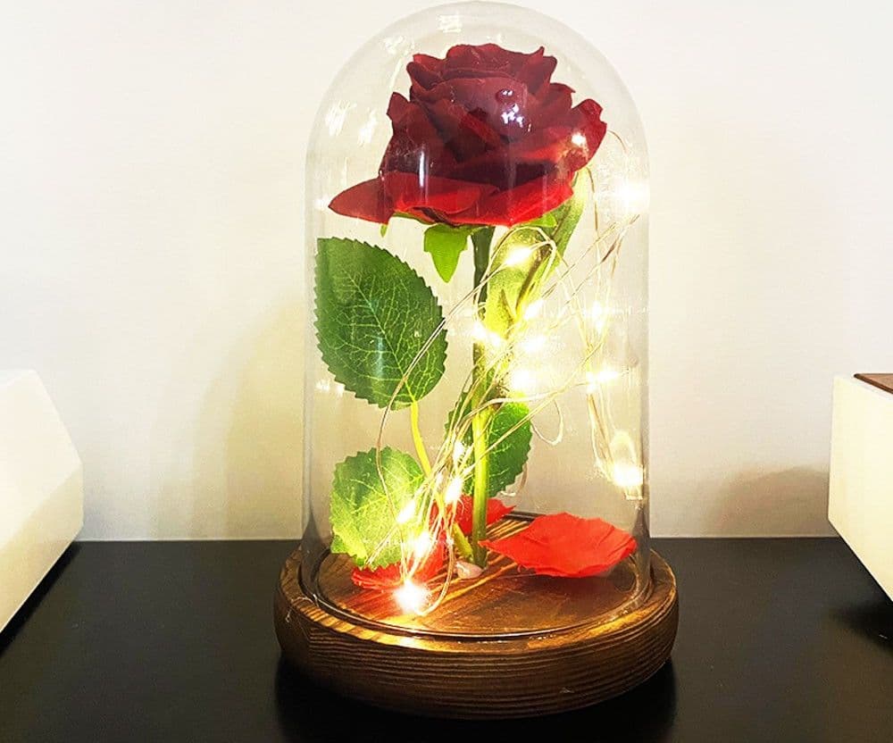 ROSA ETERNA INCANTATA LA BELLA E LA BESTIA IN CUPOLA CON BASE LEGNO E LUCI A LED - 7