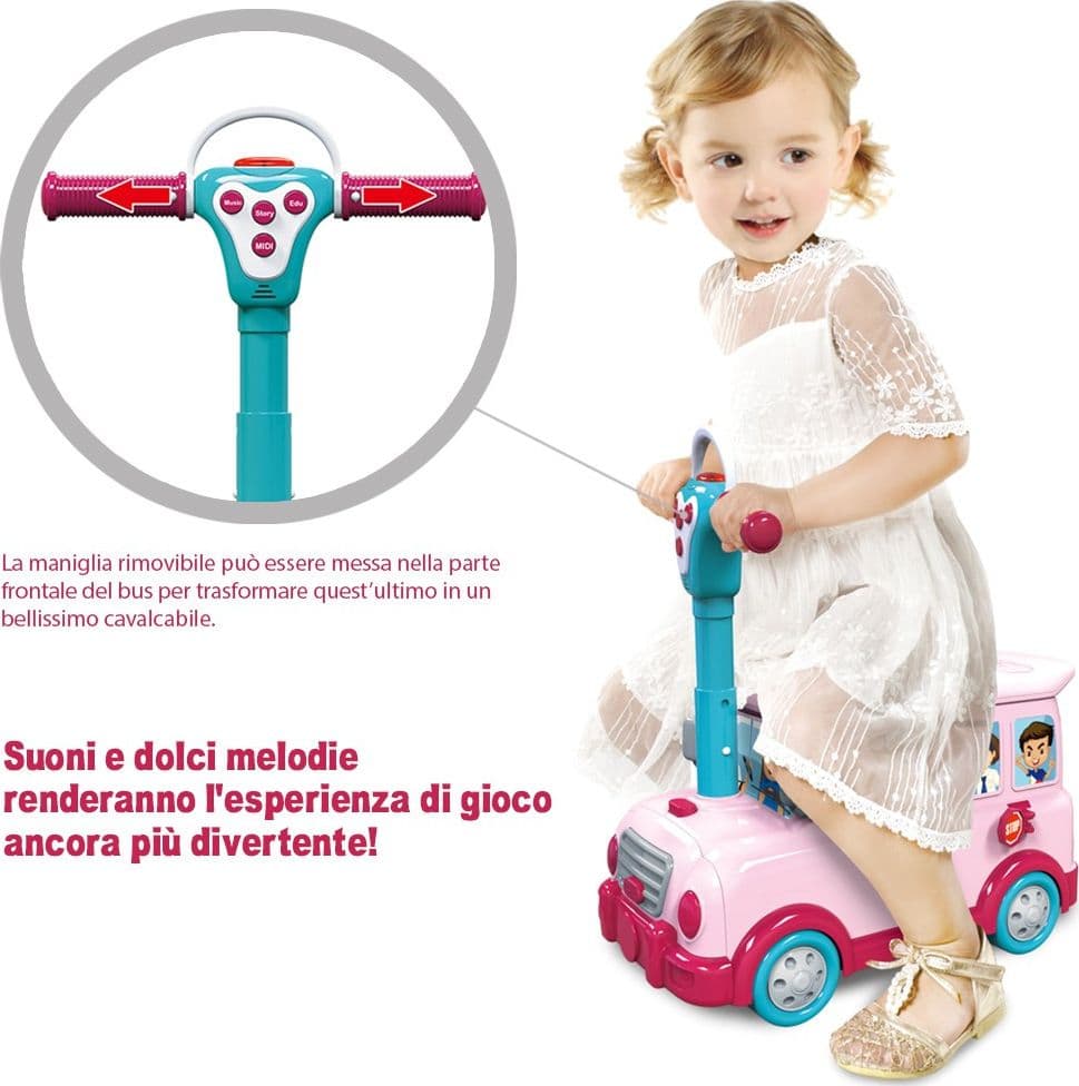 CAVALCABILE TROLLEY SCHOOLBUS CUCINA GIOCATTOLO BAMBINI 3IN1 LUCI SUONI ACCESSORI - 2