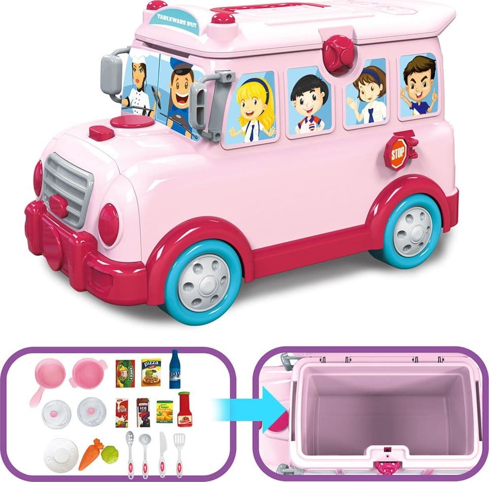 CAVALCABILE TROLLEY SCHOOLBUS CUCINA GIOCATTOLO BAMBINI 3IN1 LUCI SUONI ACCESSORI - 3