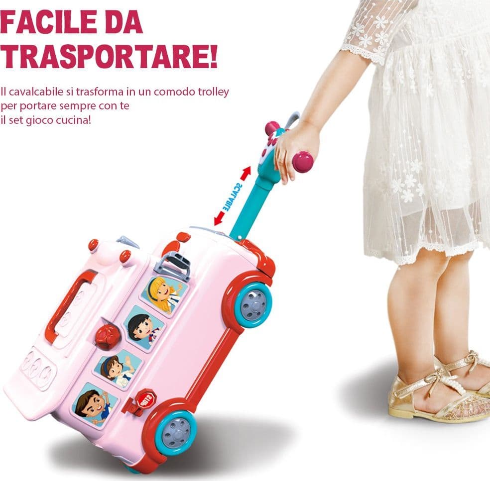 CAVALCABILE TROLLEY SCHOOLBUS CUCINA GIOCATTOLO BAMBINI 3IN1 LUCI SUONI ACCESSORI - 4