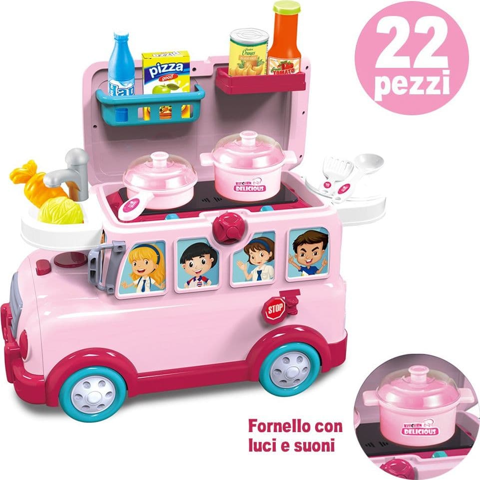CAVALCABILE TROLLEY SCHOOLBUS CUCINA GIOCATTOLO BAMBINI 3IN1 LUCI SUONI ACCESSORI - 5