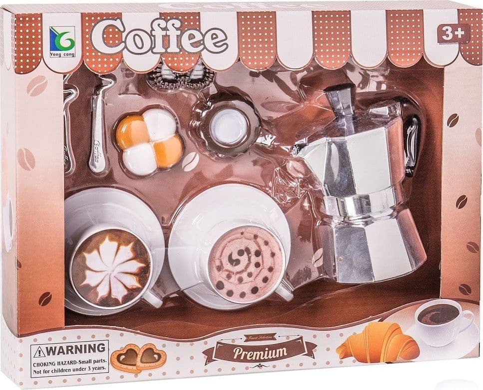 SET CAFFE GIOCATTOLO BAMBINI CON CAFFETTIERA TAZZINE E CUCCHIAINI PER 2 PERSONE