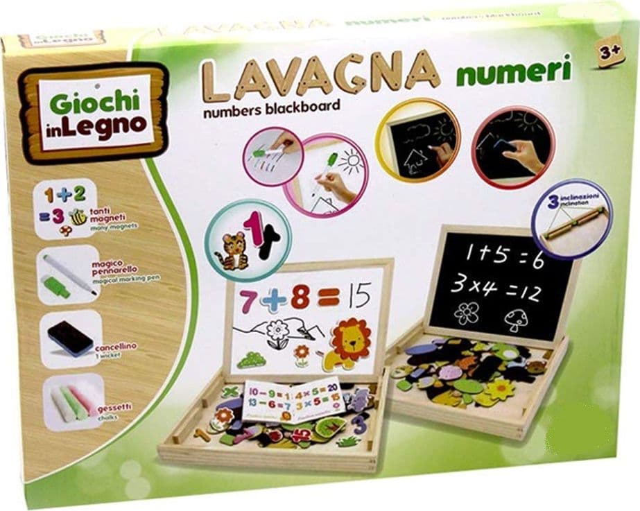 SCATOLA LAVAGNA IN LEGNO 2 LATI GESSETTI PENNARELLI E MAGNETI LETTERE E NUMERI - 2