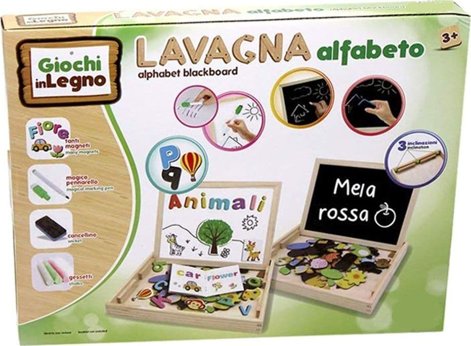 SCATOLA LAVAGNA IN LEGNO 2 LATI GESSETTI PENNARELLI E MAGNETI LETTERE E NUMERI - 3