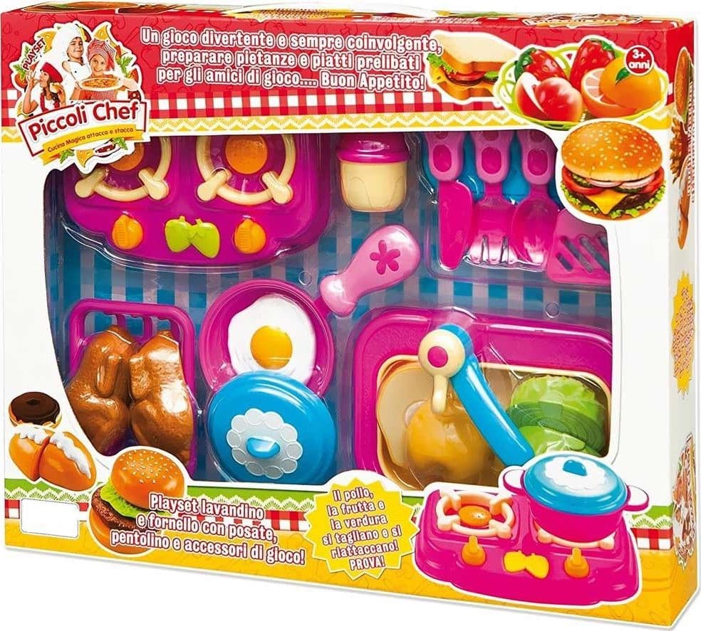 SET GIOCO PICCOLI CHEF CON FORNELLO LAVANDINO FRUTTA VERDURA E ACCESSORI 3+ ANNI - 3